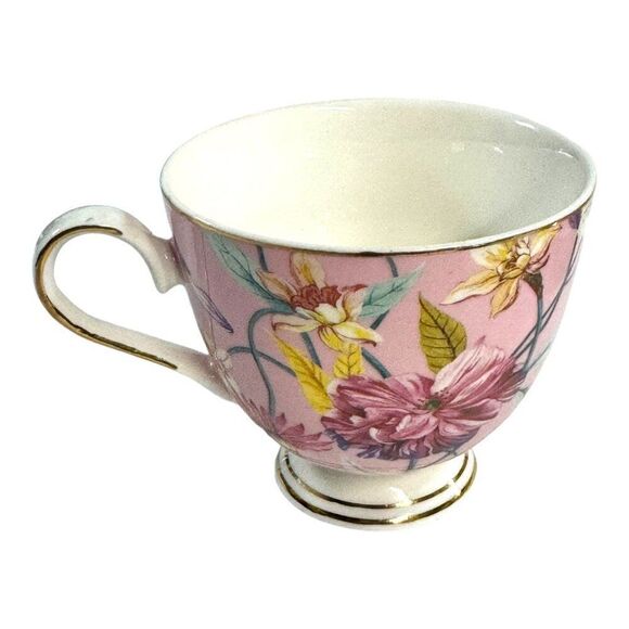 Shabby Chic Fine Porcelain Teacup & Saucer Set Floral Bird Design Pink 3” Cup - Picture 6 of 9